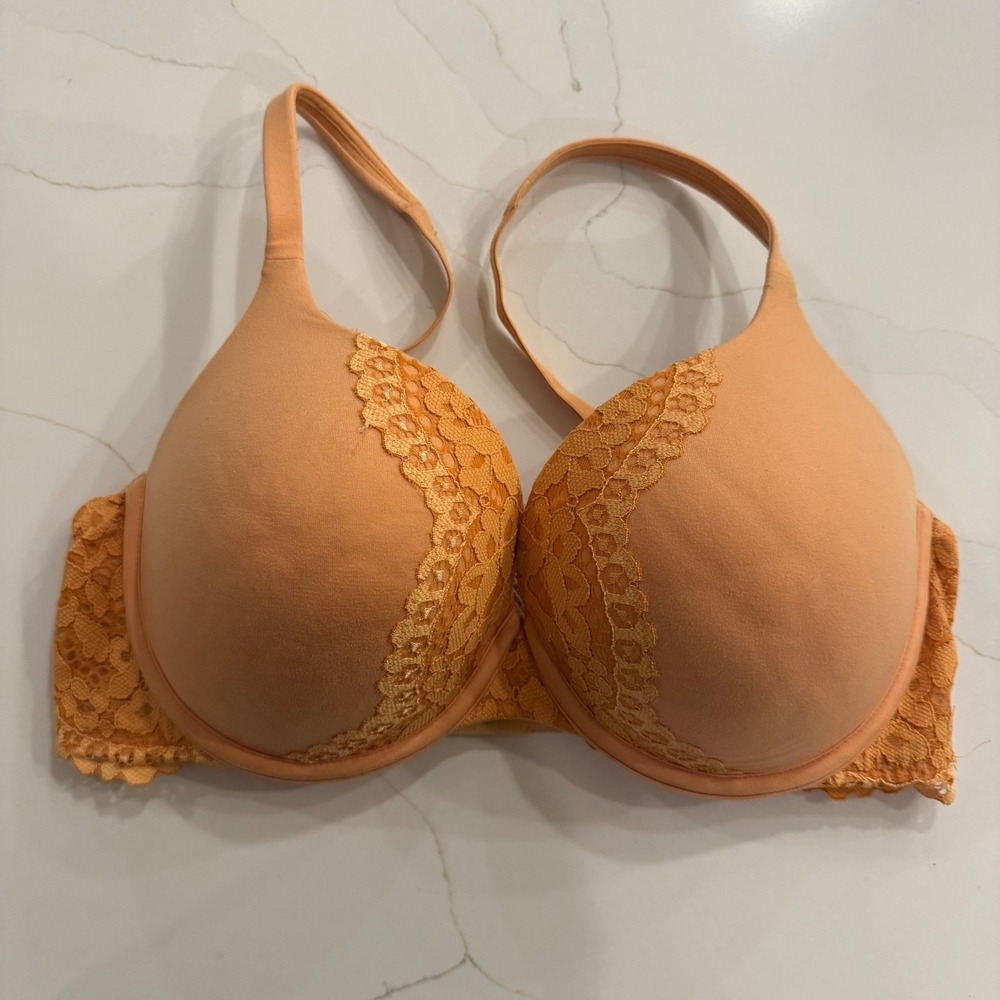 Victoria's Secret Perfect Shape Lace‎ Trim Push Up Bra 34DD Orange Peach